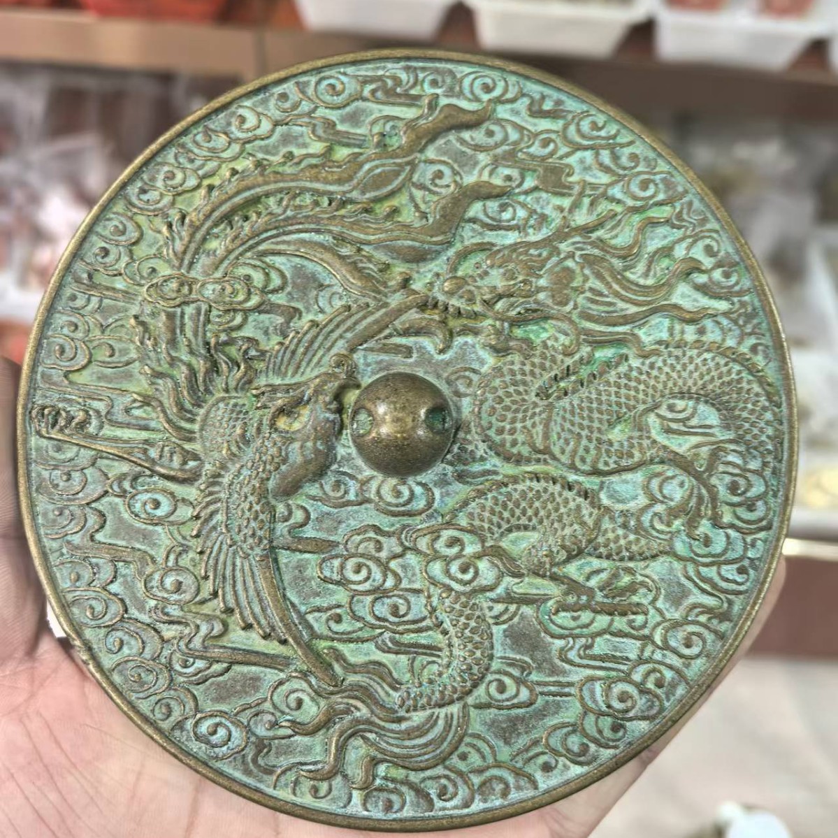 仿古龙凤铜镜摆件风水古玩收藏