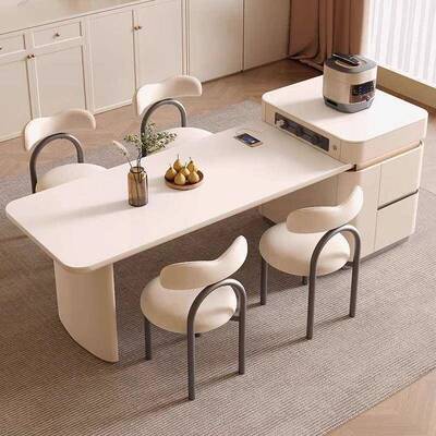 导高端岩岛台餐桌NAP一体可伸缩拉伸板奶油风轻中台家用奢加水槽