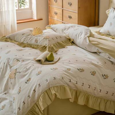 法式公主风贡缎绒棉床上四件边套被韩式花款全棉FPA长被套床单纯