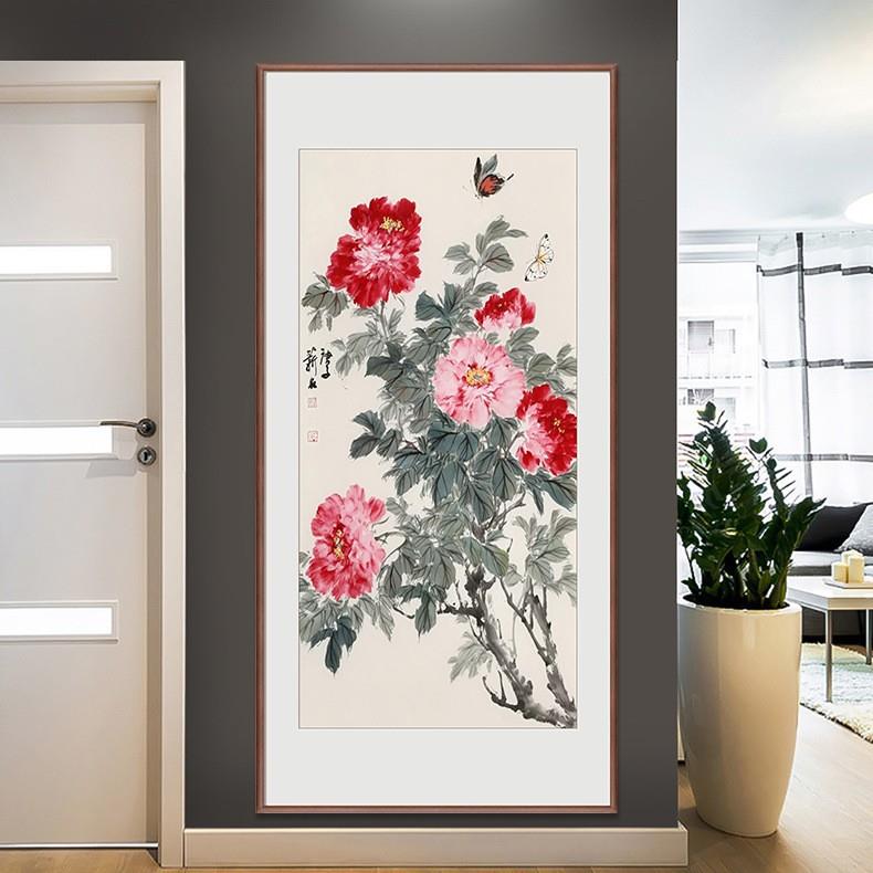 中式客厅走廊过落地鸟入178户国画画玄道关正对花门风水挂画花开