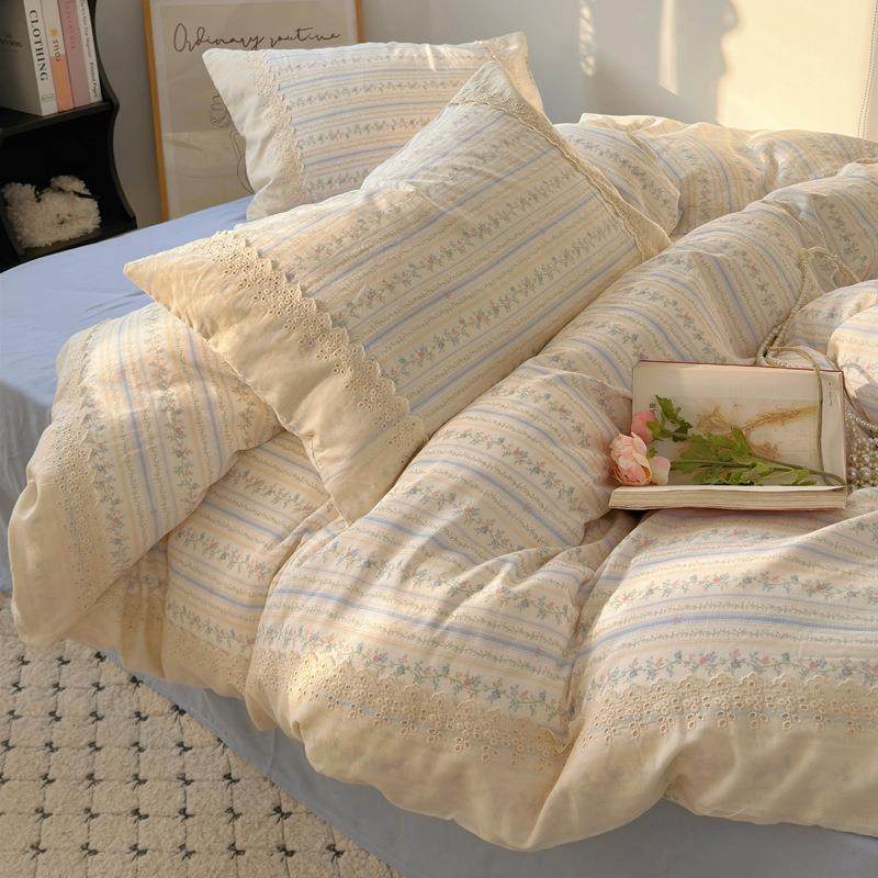 A类母婴法式小花全棉双1层碎纱四件套仙床女蕾KSE丝花边纯棉被套