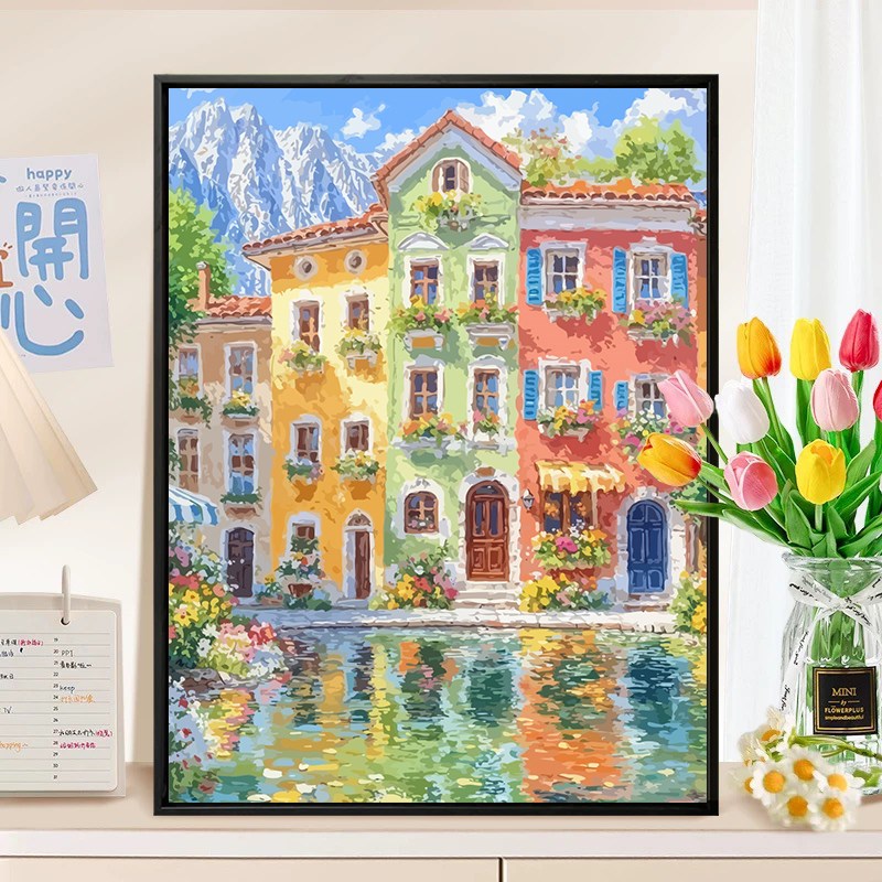 莫奈花园城堡数字油画diy填充填色丙烯涂色风景油画解压装饰挂画