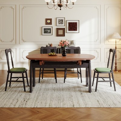 黑色复古风可伸缩实木餐桌白蜡木纹折叠法式中古风小户型家用圆桌