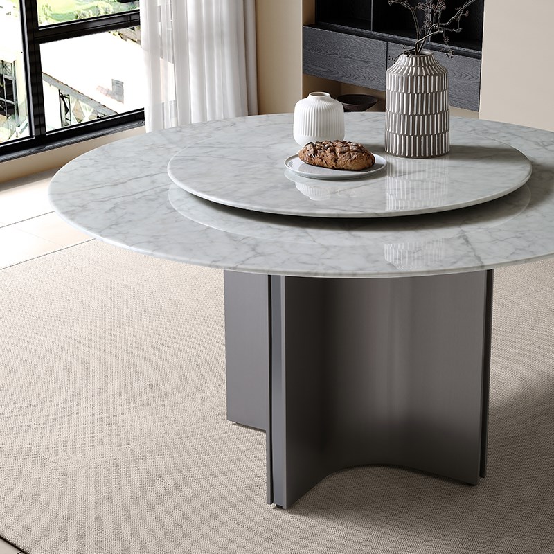 意式现代简约不锈钢大理石圆桌家用带转盘圆餐台高级感餐桌椅