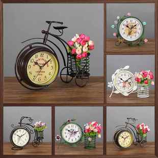 欧式静音台钟卧室客厅创意钟表摆件田园铁艺台式钟座钟时钟双面钟