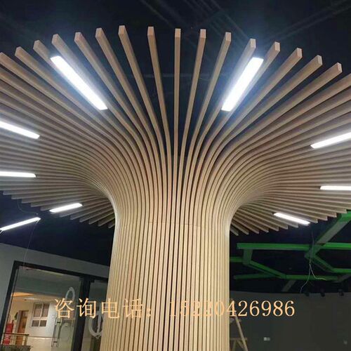 定制超市吊顶木纹造型铝方通异型天花弧形铝方管型材承重柱仿铝树