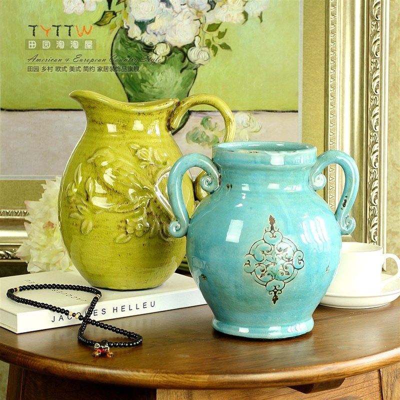 欧式地中海田园复古雕花奶壶花瓶 碎纹风格陶制蓝绿色花鸟花盆
