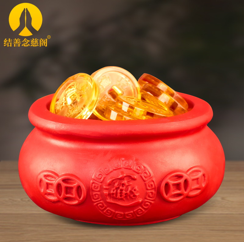 聚宝盆摆件天然朱砂家居装饰工艺品大红色客厅办公室店铺开业礼品