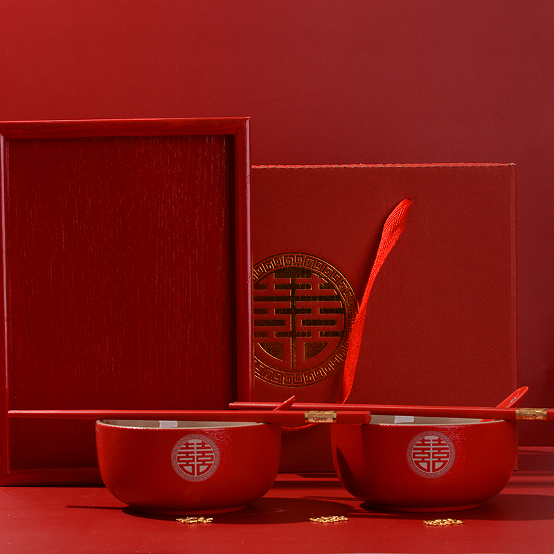 红色托盘 结婚改口敬茶杯盖碗方盘 红色喜对碗盘子茶杯碗筷装
