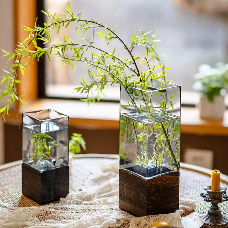 方口木托玻璃花瓶摆件透明水养鲜花新家客厅餐桌干花插花装饰花器