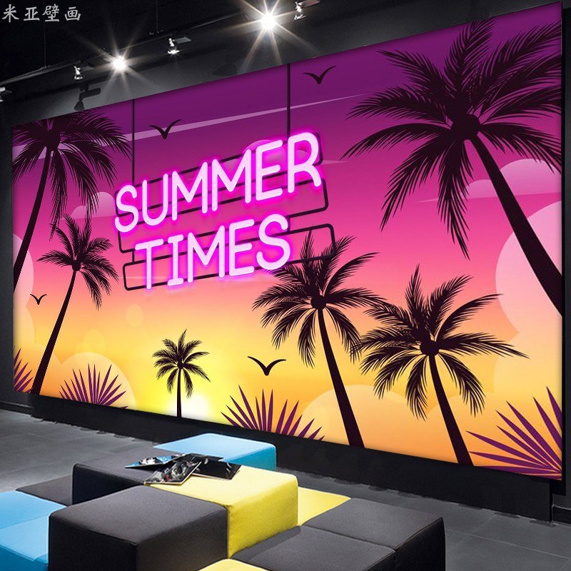 夏威夷海滩壁画风景壁纸东南亚椰子树装饰泰国风格露营风酒吧墙纸