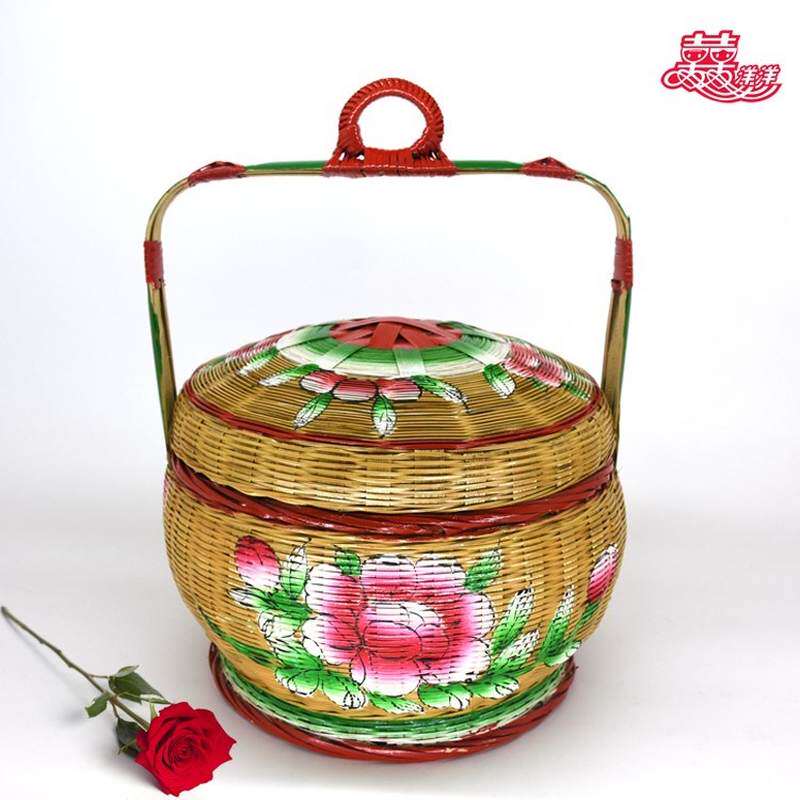 花篮婚嫁娶结婚喜庆用品竹制品纯手工迷你潮州潮汕竹艺彩绘竹篮子