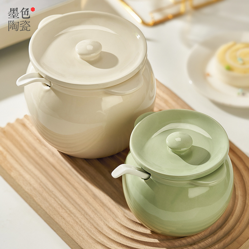 墨色奶油风陶瓷猪油罐家用耐高温耳带盖荤油油泼辣子罐辣椒油罐