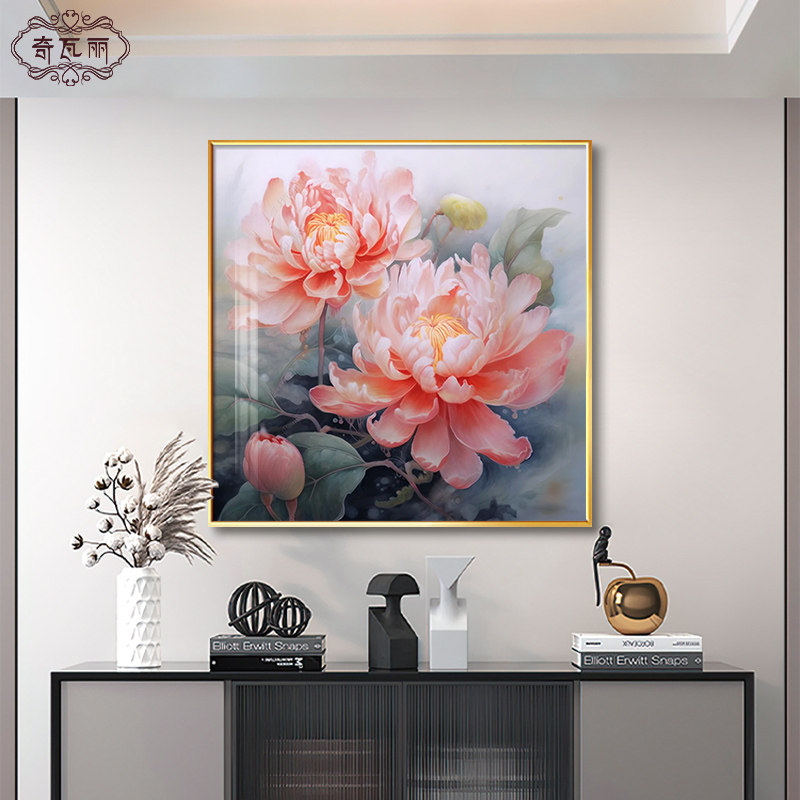 花开富贵玄关装饰画牡丹花进门入户挂画大芬油画村纯手绘饭厅壁画