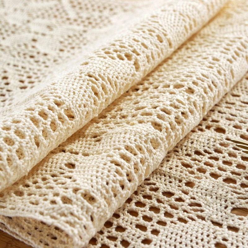 加宽针织镂空钩针田园风流苏桌旗米色蕾丝餐边五斗柜茶几装饰布