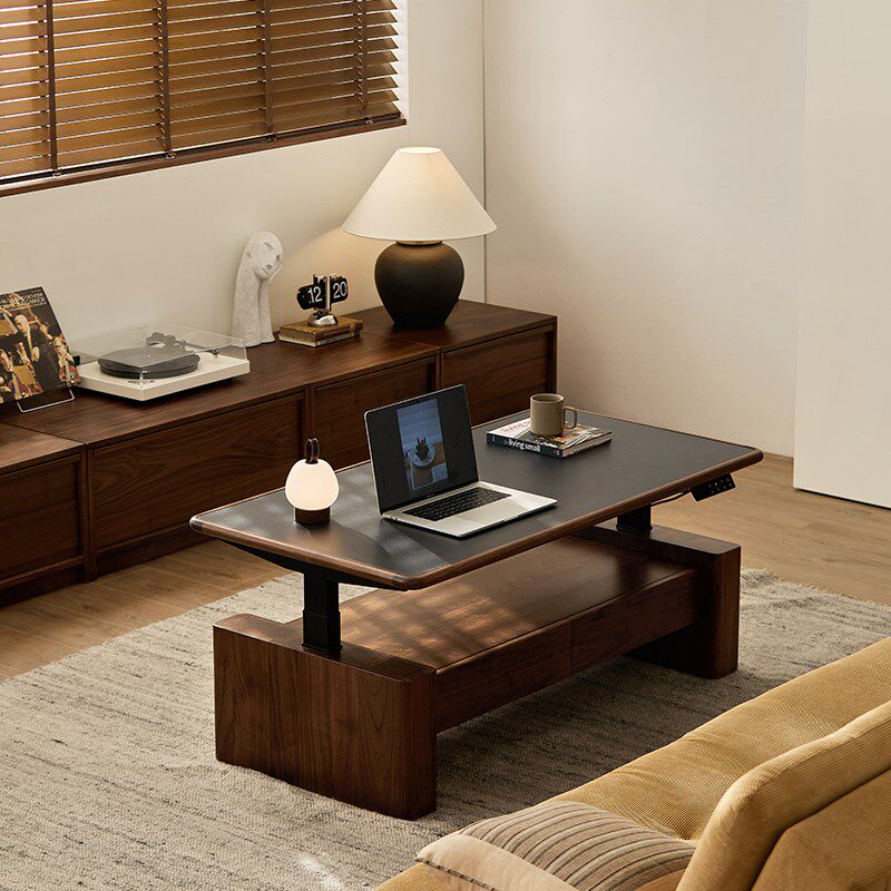 墅物北美黑胡桃全实木电动升降茶几岩板台面多功能办公电脑桌茶台