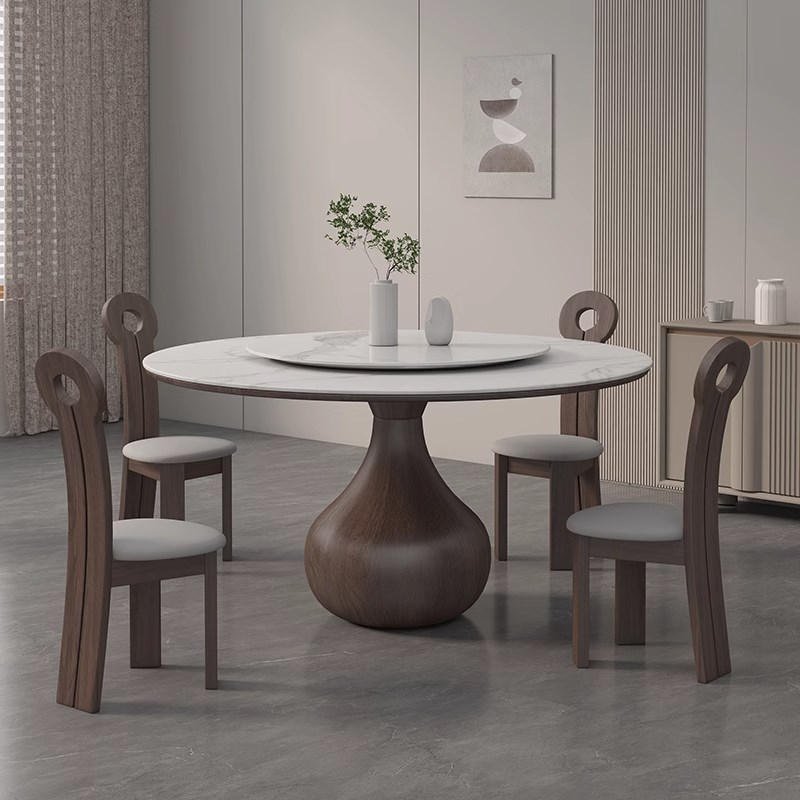 意式现代简约实木岩板餐桌圆形带转盘白蜡木圆桌小户型家用饭桌椅