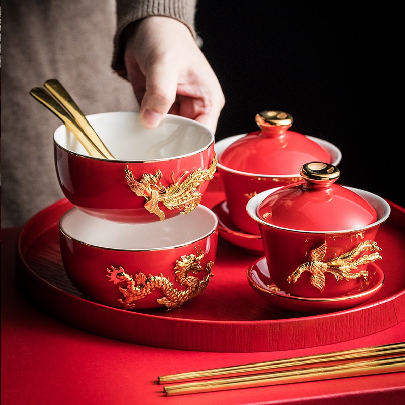 结婚陶瓷敬茶杯碗礼盒装喜庆红色喜碗龙凤对碗盖碗陪嫁新婚用品