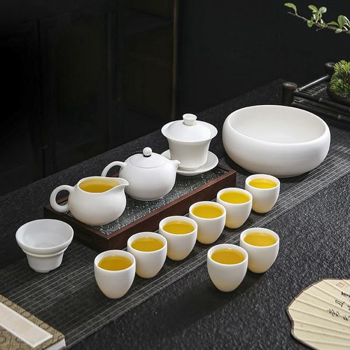 羊脂玉瓷素烧茶壶功夫茶具套装白瓷盖碗茶杯办公会客家用礼盒
