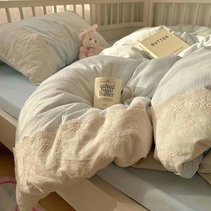 小清新皱皱纱水洗棉床上四件套蕾丝公主风花边被套罩床单人三件套