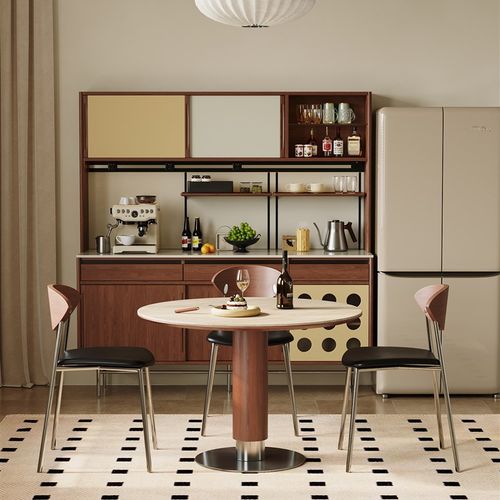 实木岩板圆桌餐桌圆形洞石小户型不锈钢白蜡木1米包豪斯小圆桌子