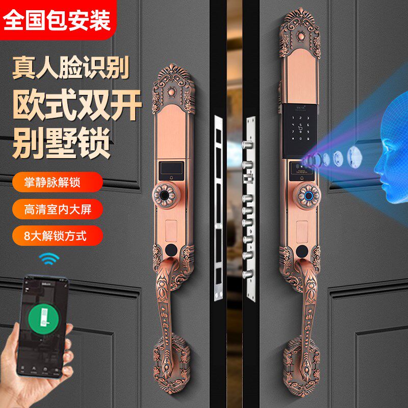 别墅双开大门3D人脸识别家用防盗门入户欧式双开铜门实木门指纹锁