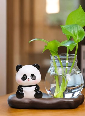 可爱熊猫水培花瓶器皿客厅酒柜工位飘窗办公室桌面家居摆件装饰品