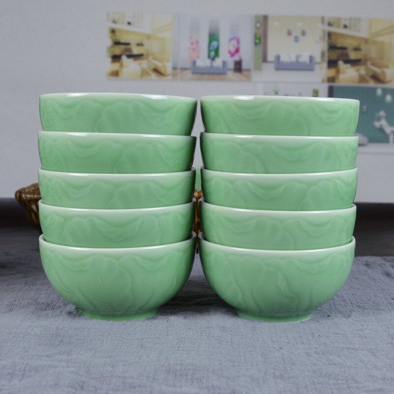 陶瓷家用碗中式米饭碗4.5寸10只套装龙泉青瓷碗创意6只微波炉餐具