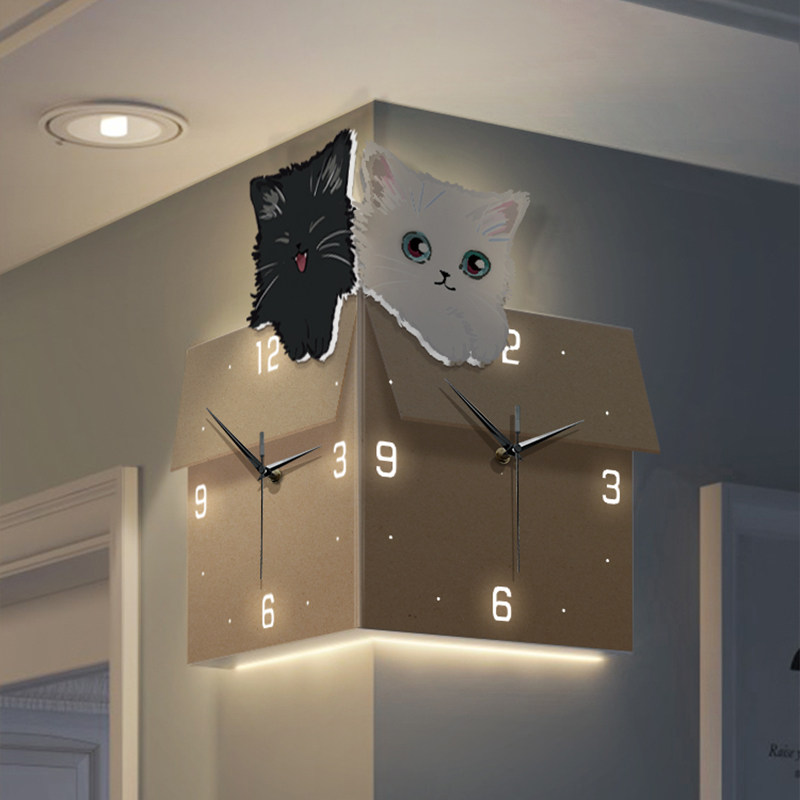 猫咪转角钟客厅装饰画免打孔阳角挂钟创意时钟壁灯拐角双面钟挂画图片