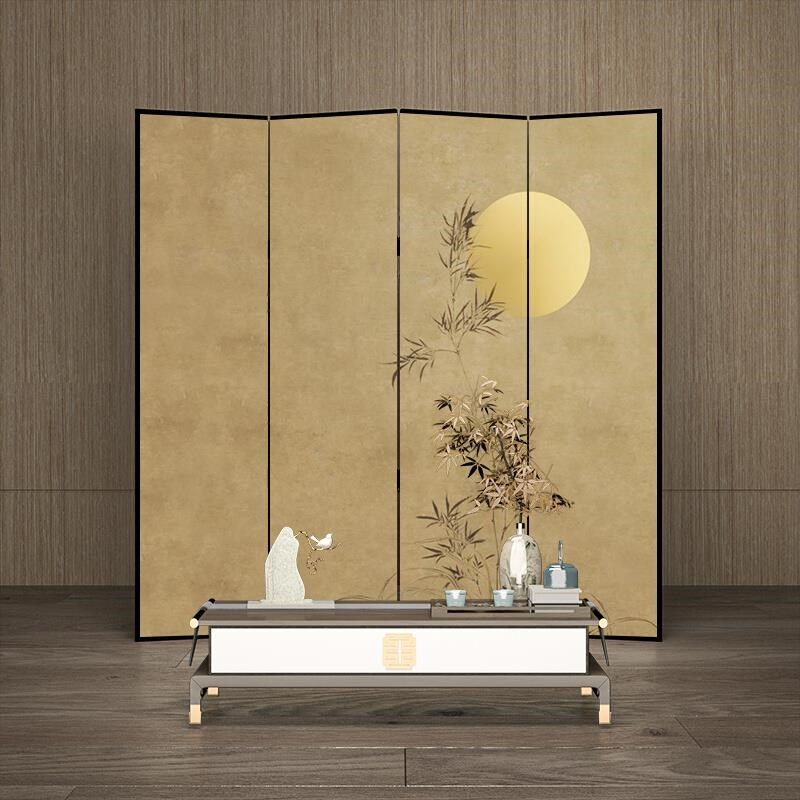 中式淡雅意境屏风隔断折叠移动客厅酒店装饰水墨竹子月圆折屏