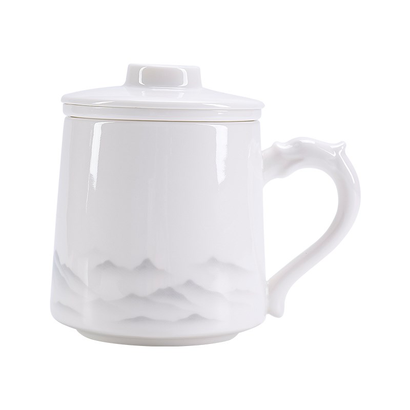 茶水分离白瓷茶杯带盖办公室会议专用杯子高档陶瓷水杯礼盒装定制