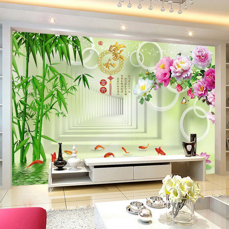 中式墙布家和万事兴牡丹18D电视背景墙纸8D沙发客厅3d立体壁纸画