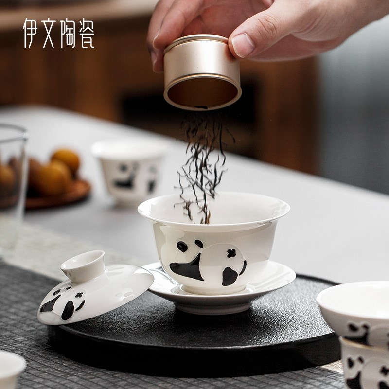 伊文陶瓷熊猫三才盖碗单个可爱泡茶碗大号茶杯家用白瓷不烫手茶具