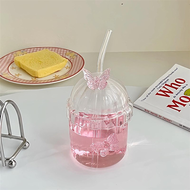 蝴蝶啵啵杯BOBO吸管杯带盖玻璃酸奶茶杯子耐高温牛奶咖啡喝水杯子