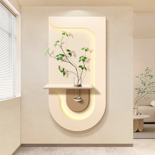 奶油风玄关装饰画绿植砂岩入户门走廊过道挂画高档立体客厅壁灯画