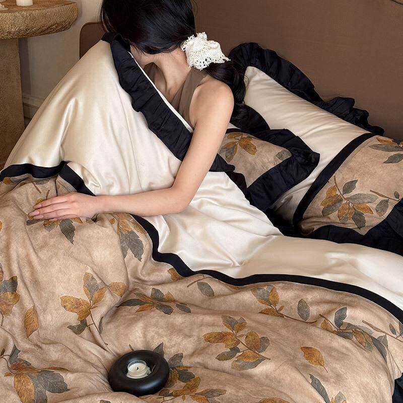 轻奢古风长绒棉纯棉四件套美式数荷码印花叶复边全棉被淇淋套床用