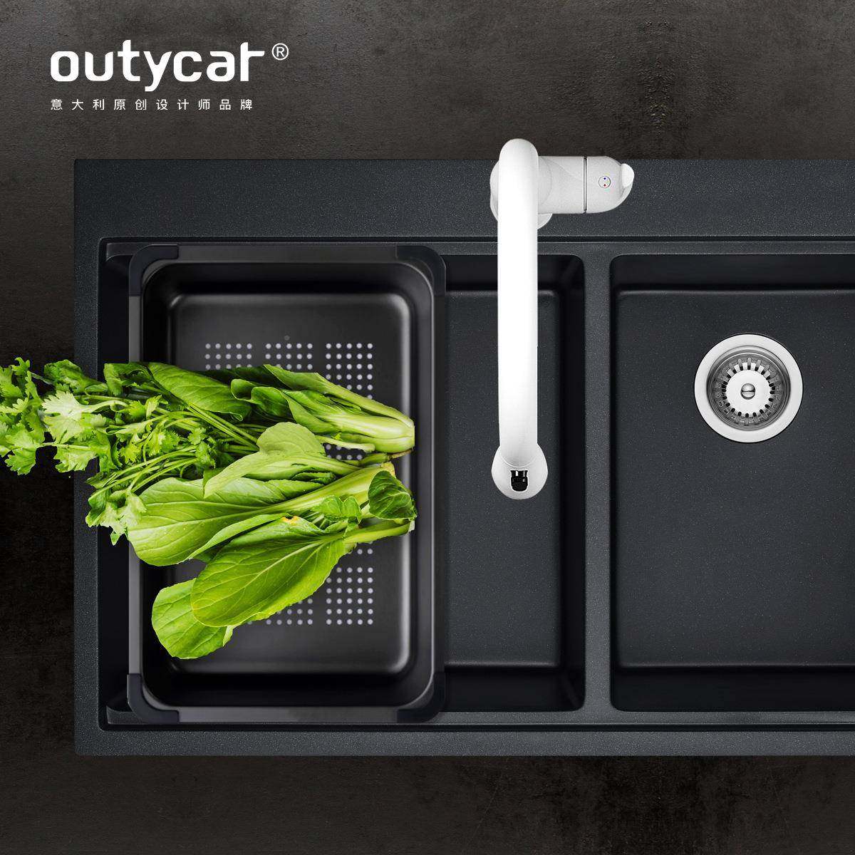 欧缇家用洗菜池黑水色厨房卡台上盆大双槽单槽石英K332202K石水槽