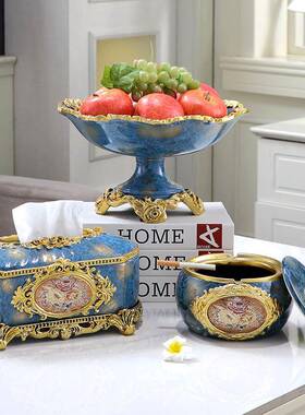 欧式高厅档水茶果盘三件套家用纸巾tb-90458客轻奢几摆件创意家盒