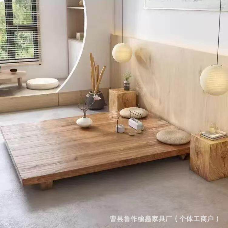 老榆木床实木床榻榻米地铺床47510日式卧室落床地民宿酒店双人原