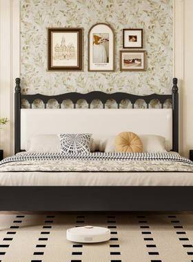 人床软包卧现代主简单约1双.35米人床1.8m黑UJO色复古法式实木床