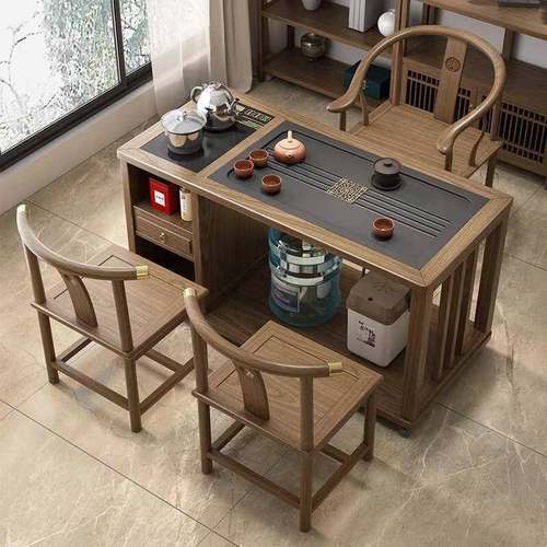 实中式阳台小型茶桌新椅组合家ALY用办公泡茶台迷你木移动茶几茶