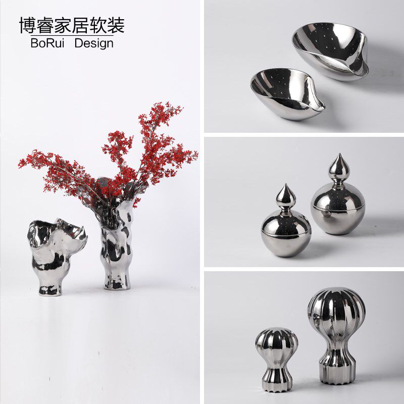 现代电镀亮银色高温陶瓷花瓶摆件样板间客厅酒店前台果盘软装饰品