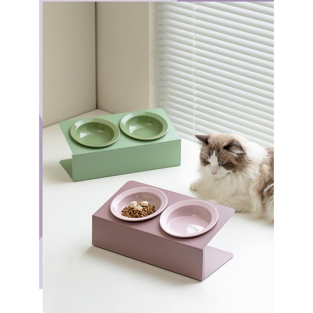 陶瓷猫碗斜口双碗飞碟宠物碗小狗碗高脚铁架护颈防打翻粮食猫狗碗