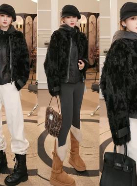 【粉红爷爷】小湖羊皮草系列名媛轻奢贵气皮毛一体外套4CDM102W0