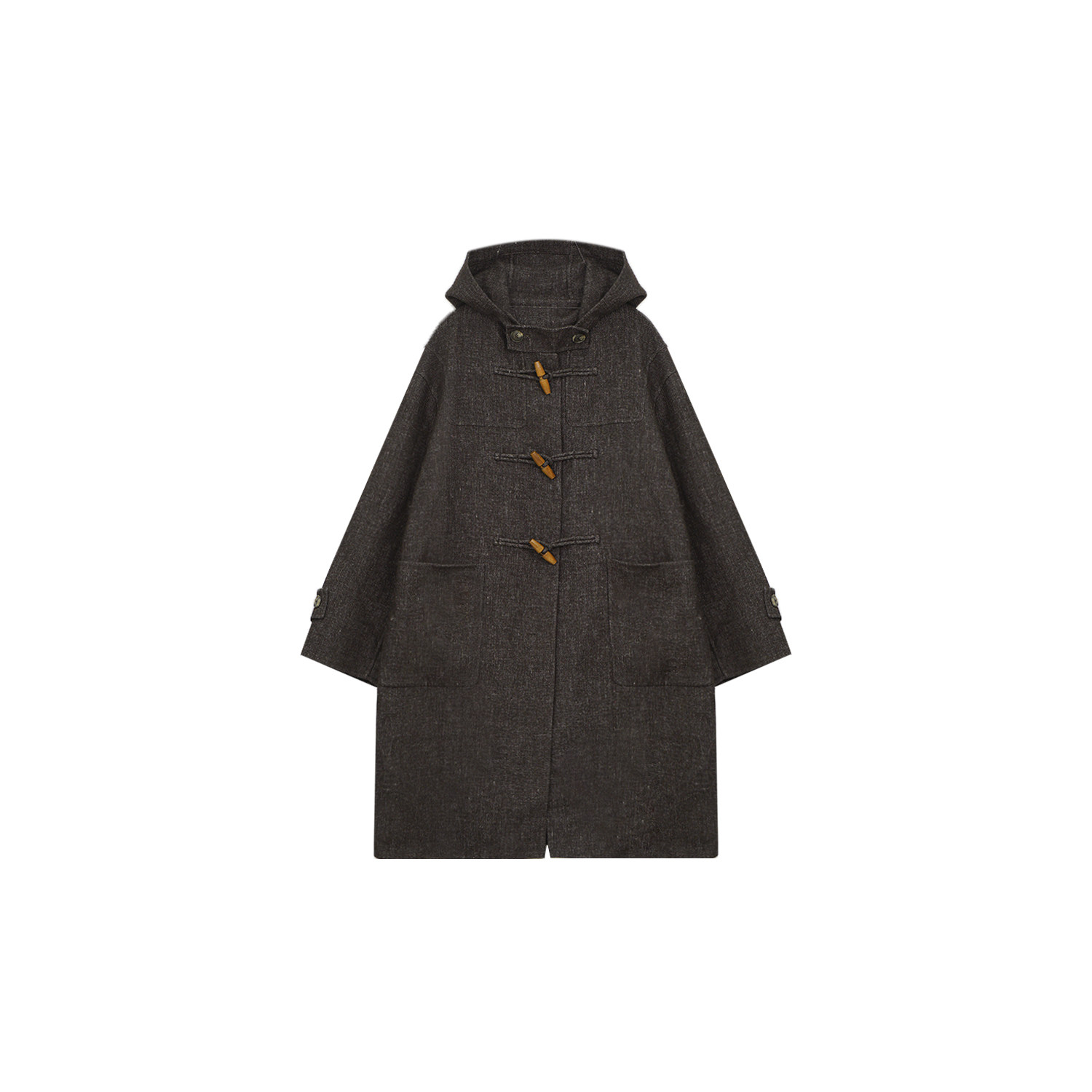 【二米粉丝专享】桑蚕丝亚麻羊毛牛角扣连帽长袖大衣4C26W6111