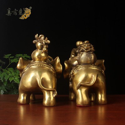 真古意 黄铜大象摆件 铜象大号聚宝盆葫芦一对客厅装饰工艺品摆设