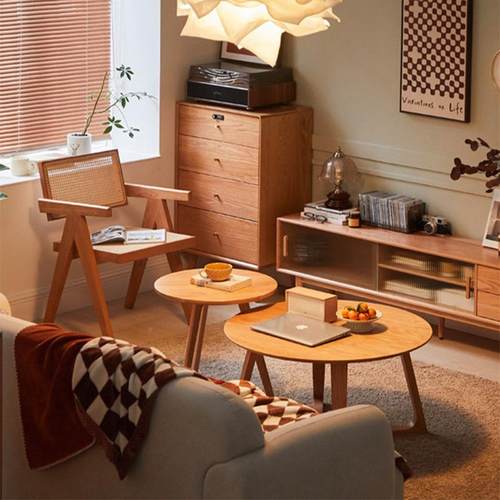 日式圆形原木风茶几几客家用小户型实木约矮桌子樱桃色DXZ简边厅