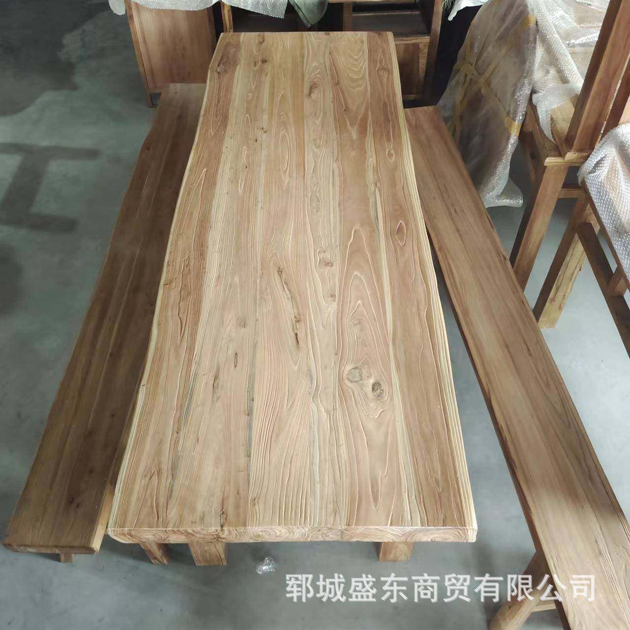 中式做风老木餐桌餐馆酒店多人位桌榆椅组合实CSK木餐吃饭餐旧桌