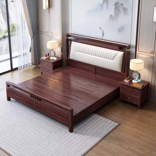 新中式DYE金木实木用床主2.0M双人床高箱卧储物大床乌家卧室实木