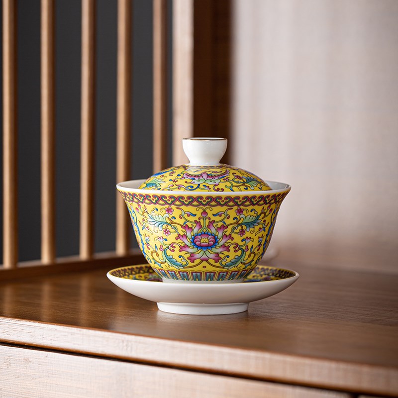 珐琅彩三才盖碗茶杯大号泡茶碗陶瓷茶碗功夫茶具掐丝手工扒花盖碗
